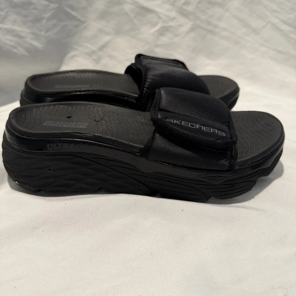Skechers Black Slide Sandals Wedge Comfort‎ Adjustable Strap Hook & Loop Logo